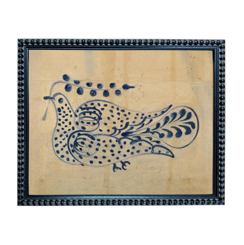 Framed Vintage Blue Floral Folk Bird Canvas Art Print: Vintage Farmhouse Decor #COT-102