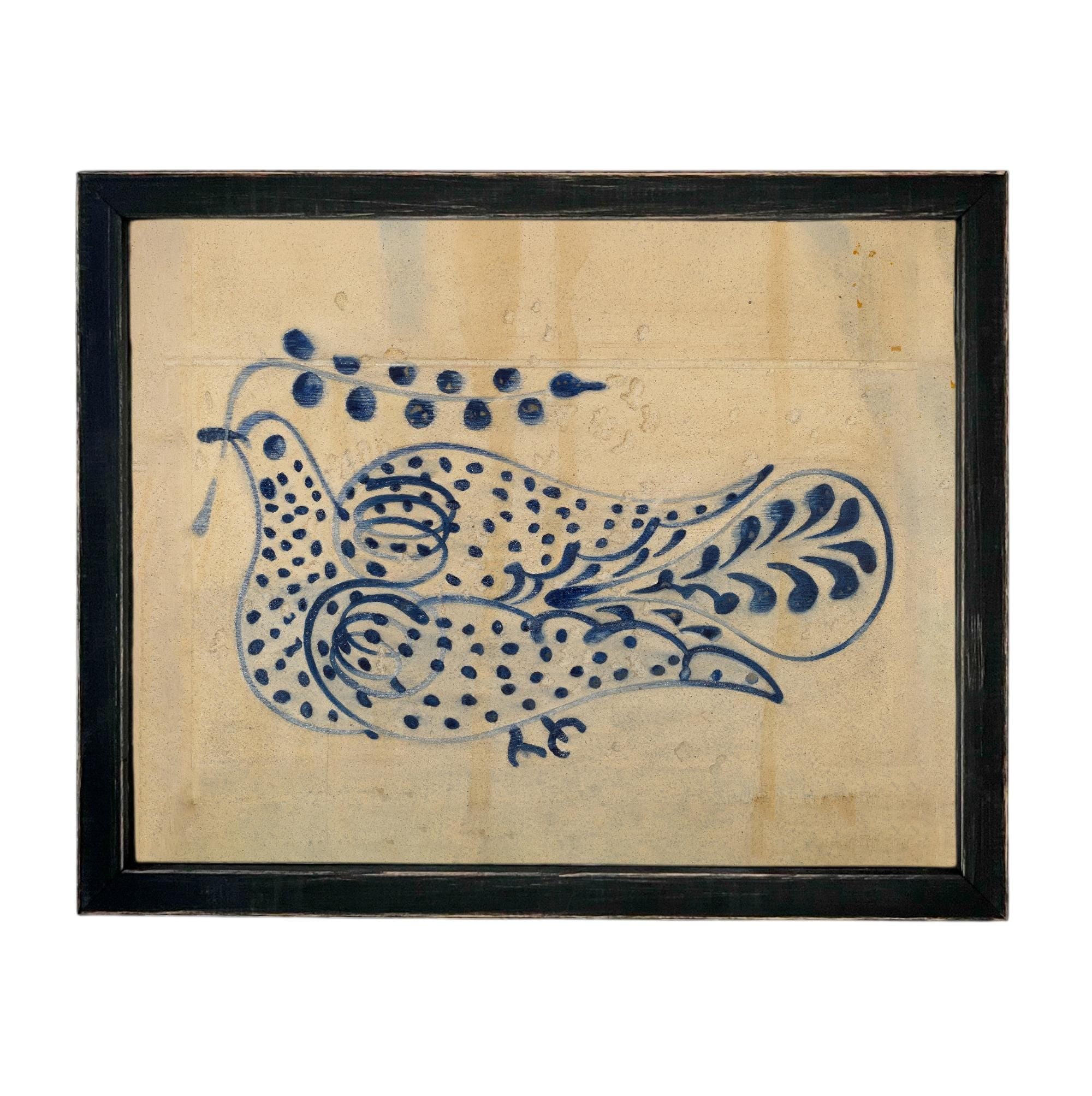 Framed Vintage Blue Floral Folk Bird Canvas Art Print: Vintage Farmhouse Decor #COT-102