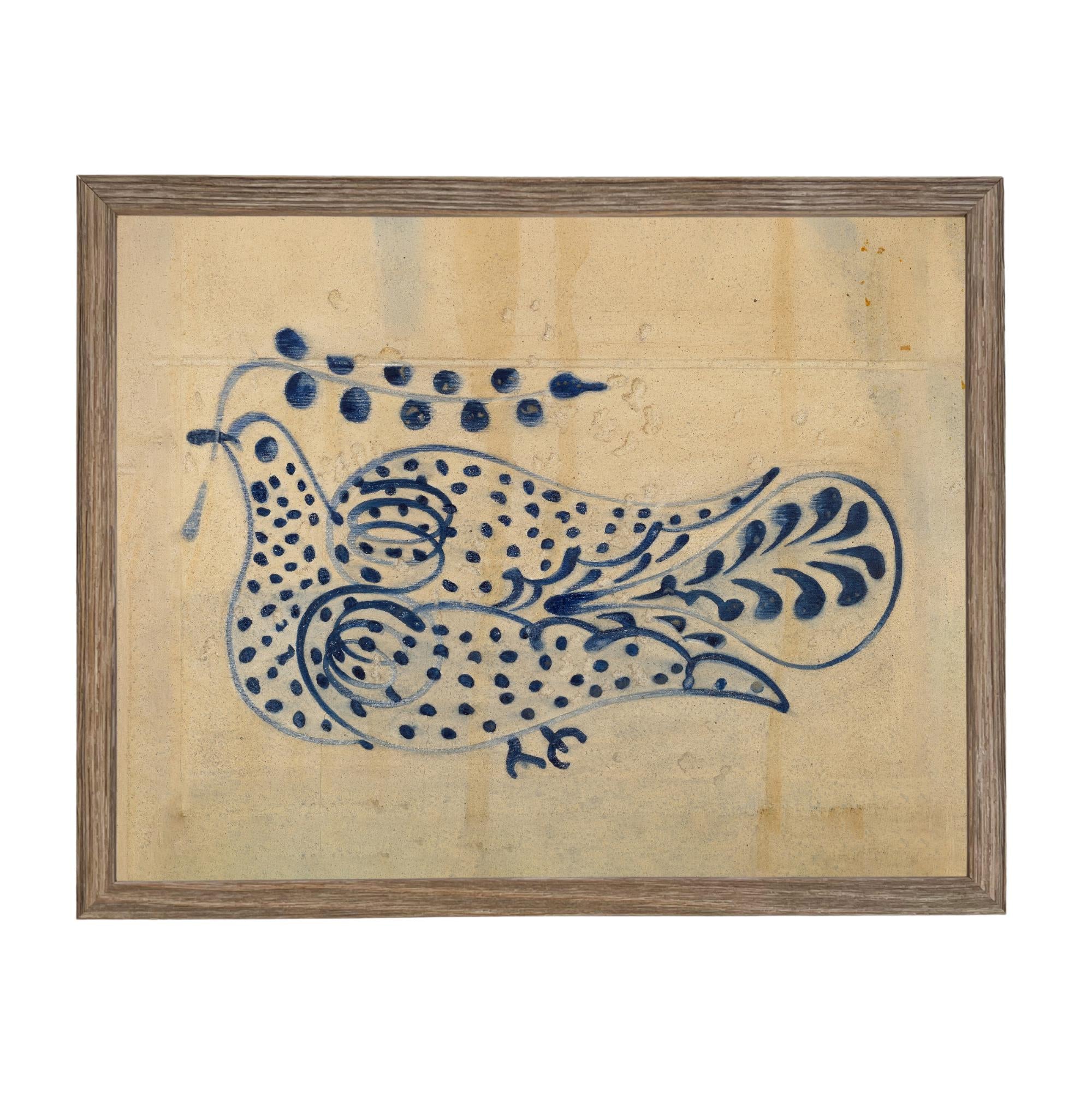 Framed Vintage Blue Floral Folk Bird Canvas Art Print: Vintage Farmhouse Decor #COT-102