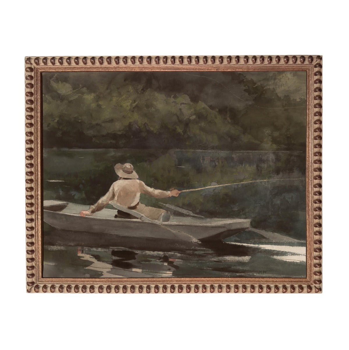 Framed Canvas Fishing Lake Landscape Print: Vintage Cabin Art #CAB-101