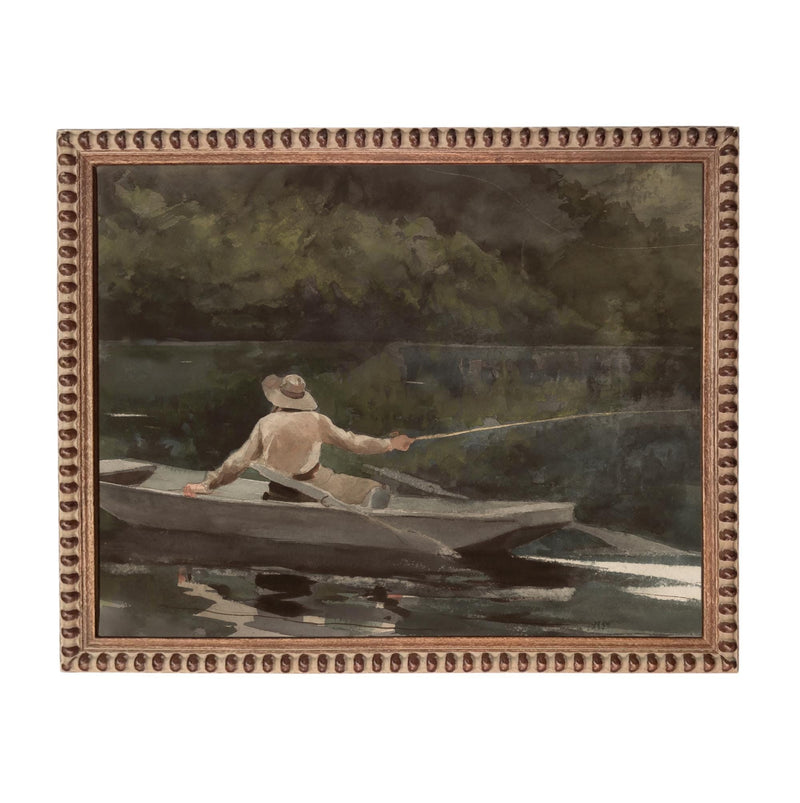 Framed Canvas Fishing Lake Landscape Print: Vintage Cabin Art #CAB-101