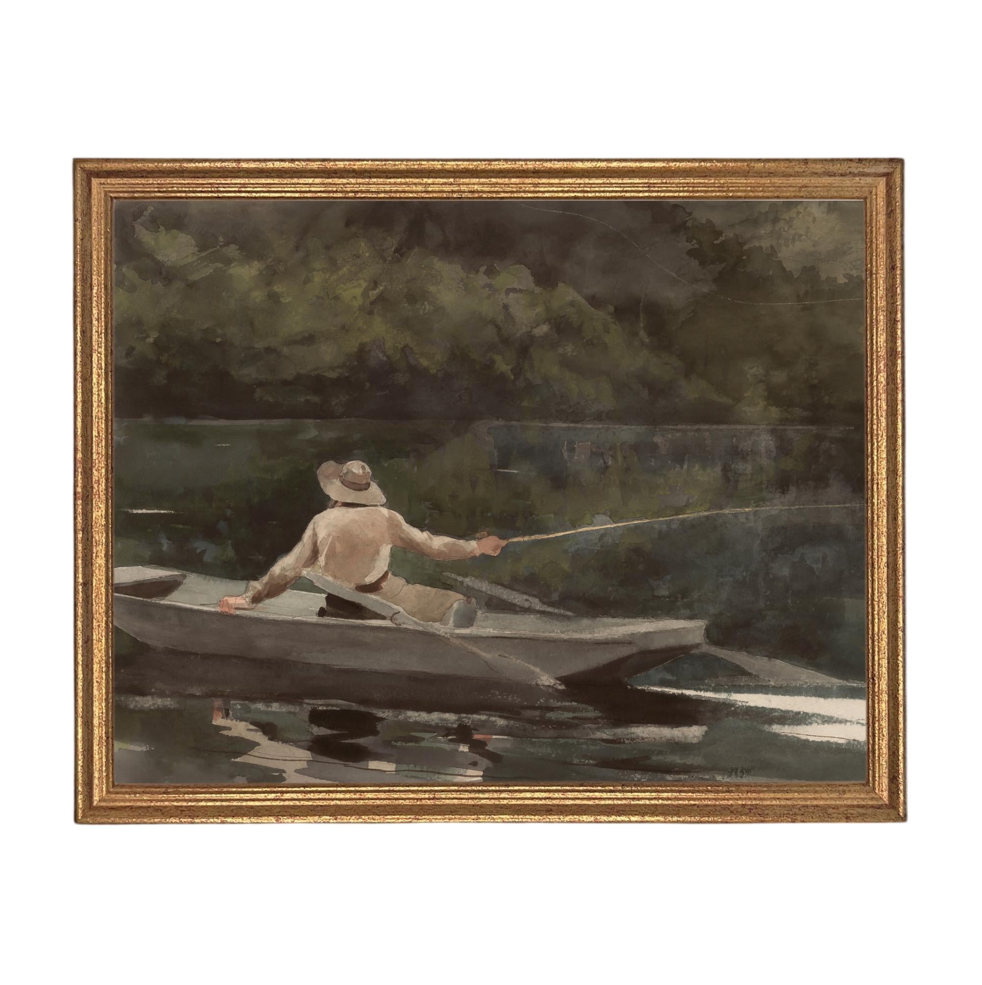 Framed Canvas Fishing Lake Landscape Print: Vintage Cabin Art #CAB-101