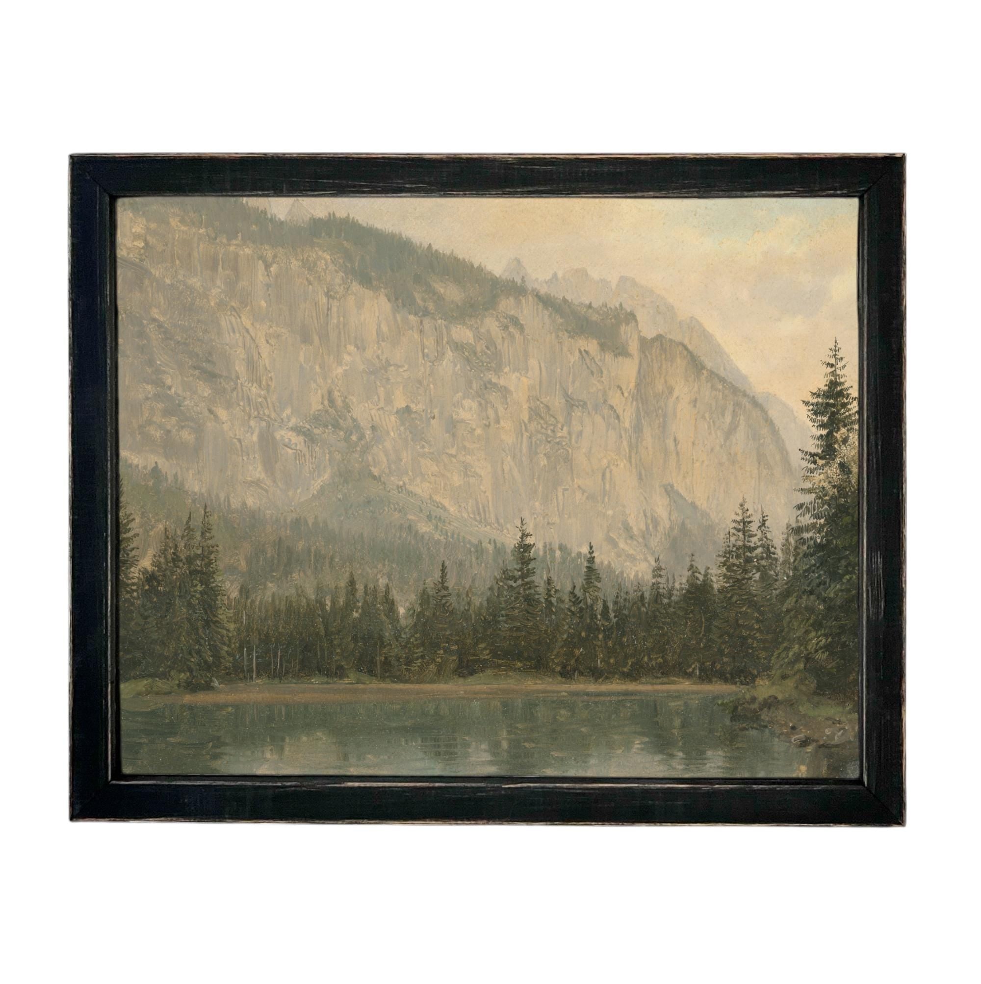 Framed Canvas Lake House Print: Vintage Cabin Landscape Art #CAB-102