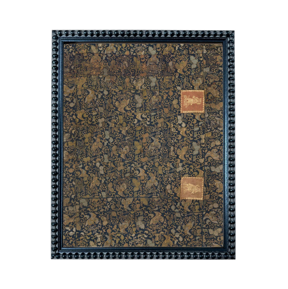 The image is a square frame with a dark border, containing a patterned fabric or wallpaper with a gold-colored border.