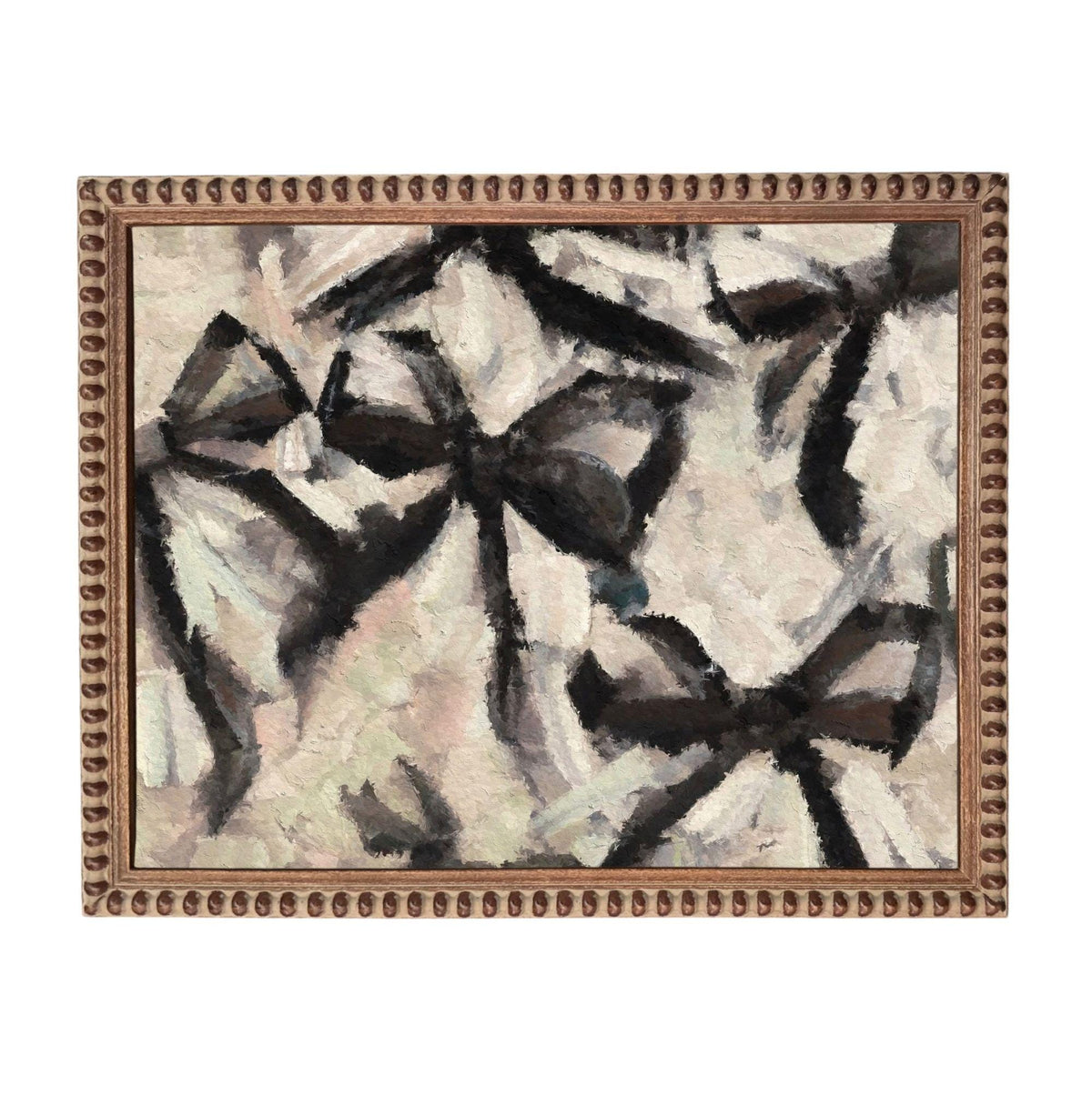 The image is an abstract painting featuring a black and white color scheme with various shapes and textures.
