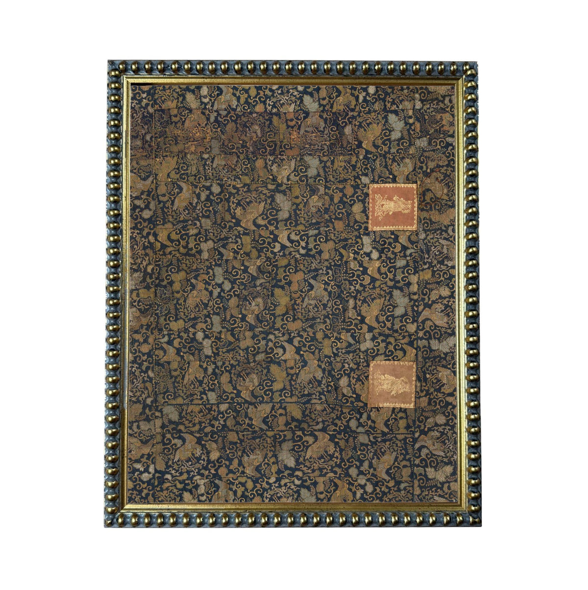 The image is a square frame with a decorative border, featuring a patterned fabric or wallpaper with a dark background and gold accents.