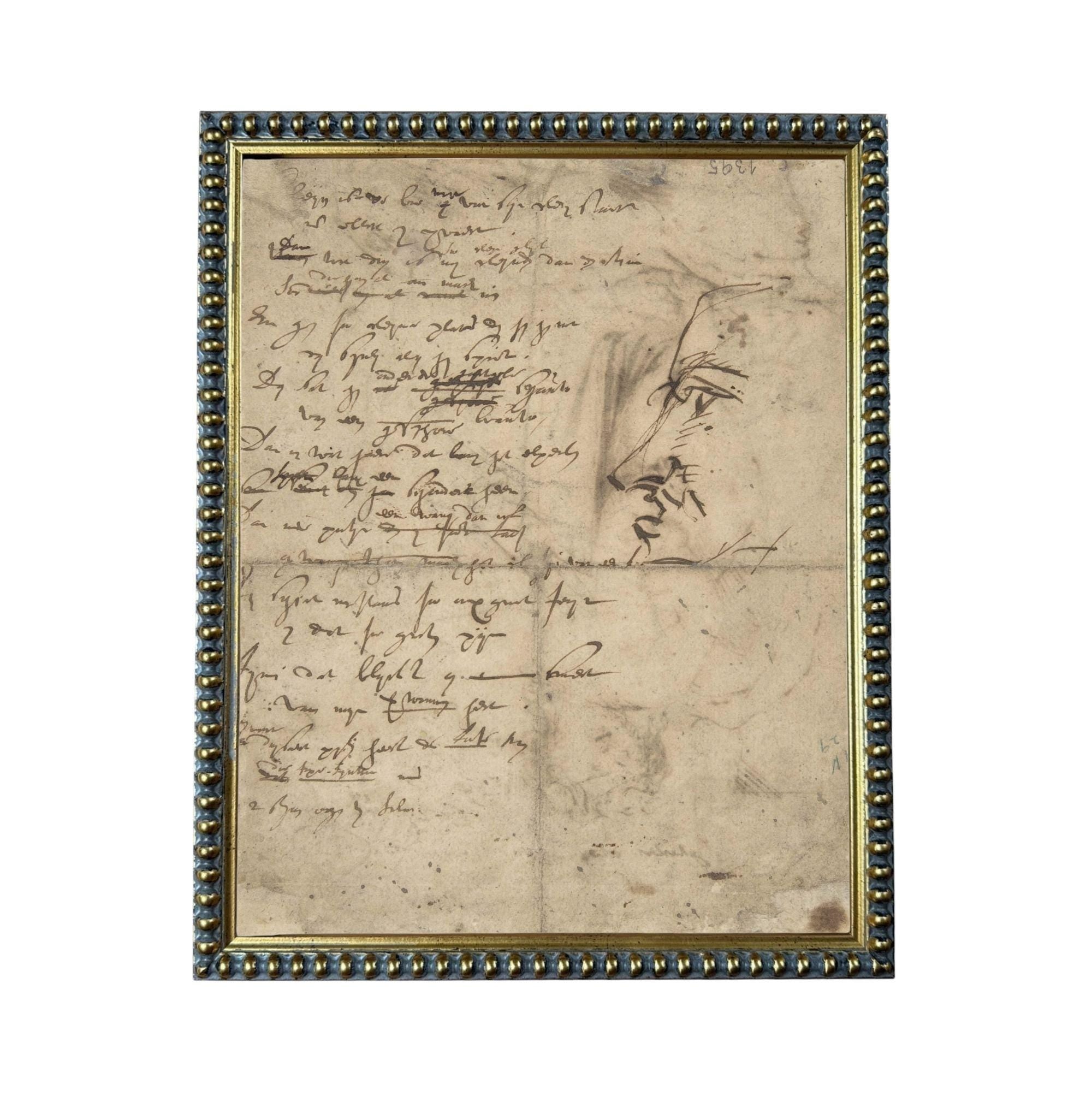 The image is a framed piece of paper with handwritten text and a sketch of a face.