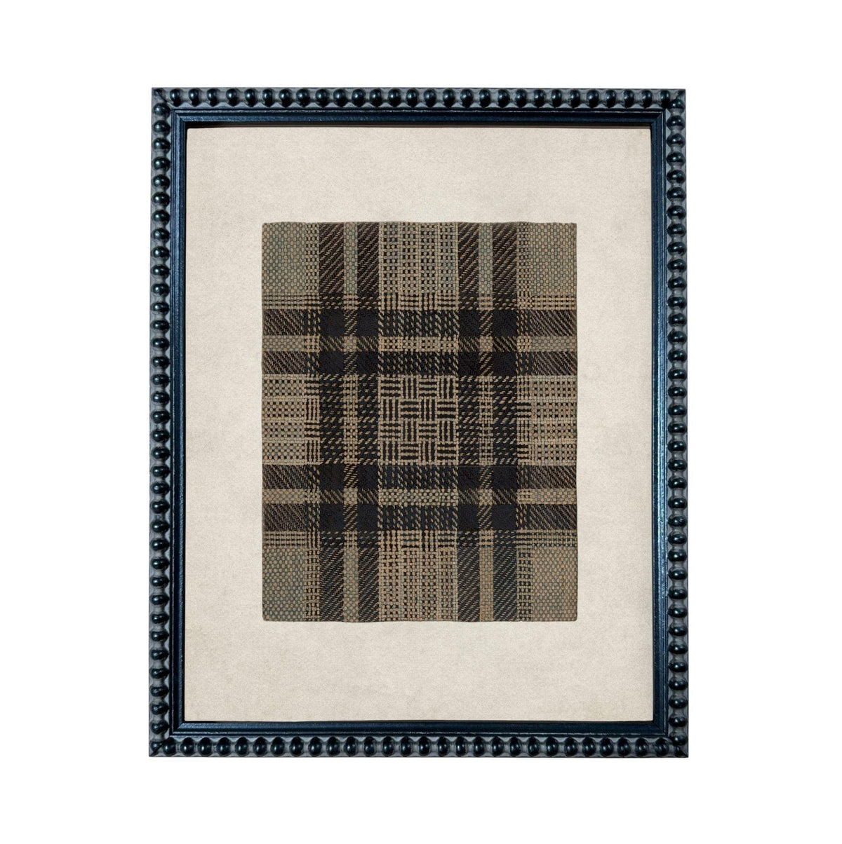 a framed piece of artwork with a plaid pattern on a beige background.