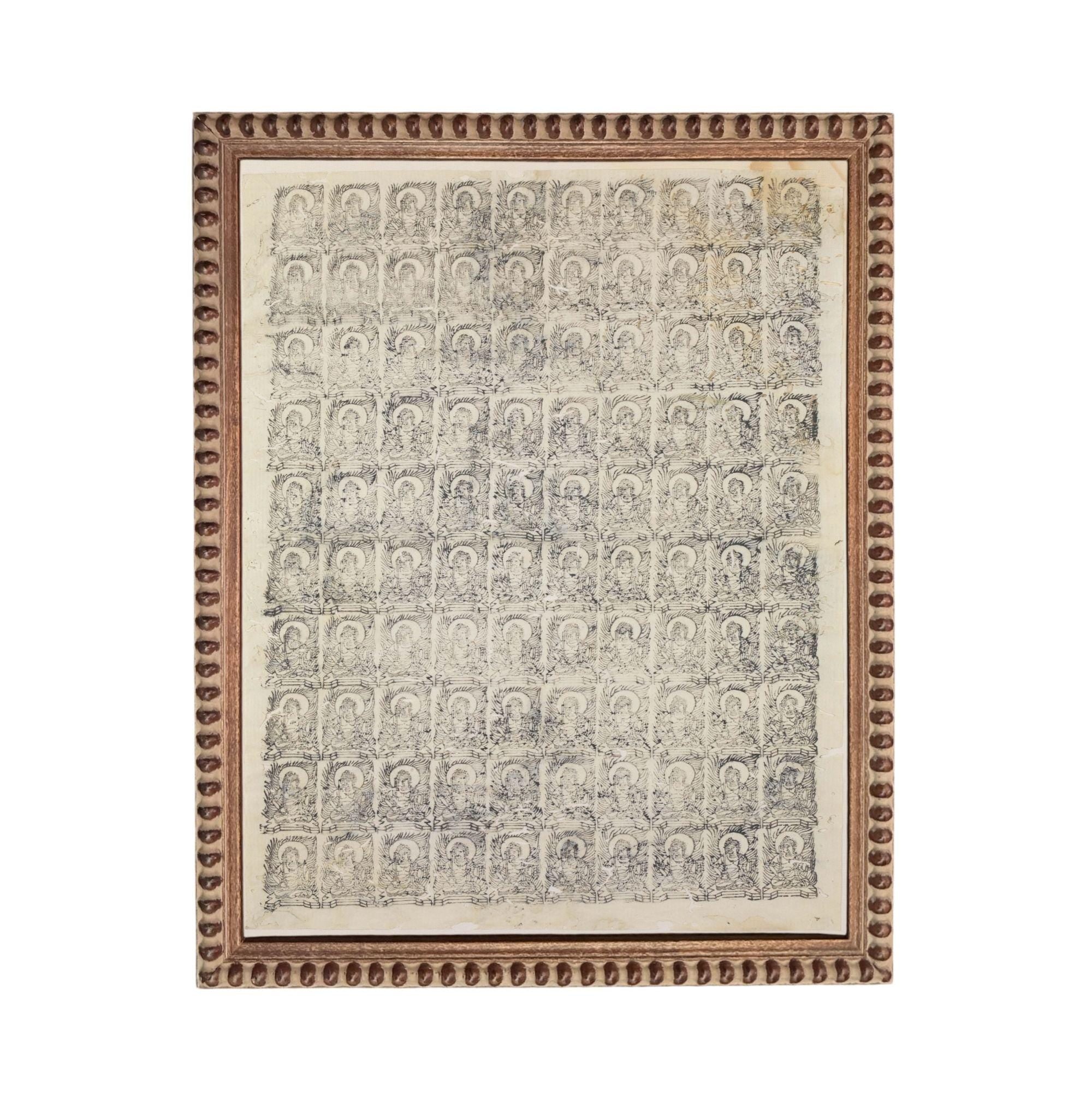 The image is a framed collage of various images, including a repeating pattern of faces and other abstract shapes.