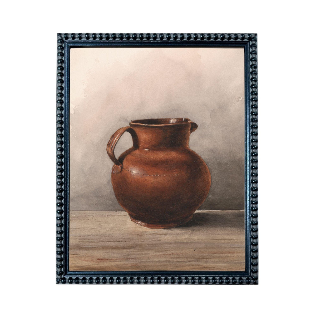 A brown ceramic pitcher with a handle, sitting on a wooden surface against a plain background.