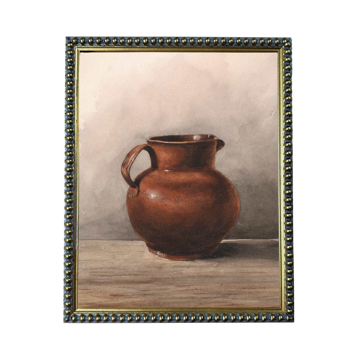 A brown ceramic pitcher with a handle, sitting on a wooden surface.