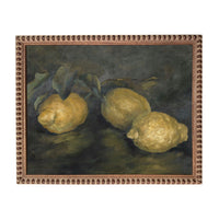 The image is a painting of three lemons, with a dark background and a dark frame.