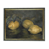 The image is a painting of three lemons, with a dark background and a dark frame.