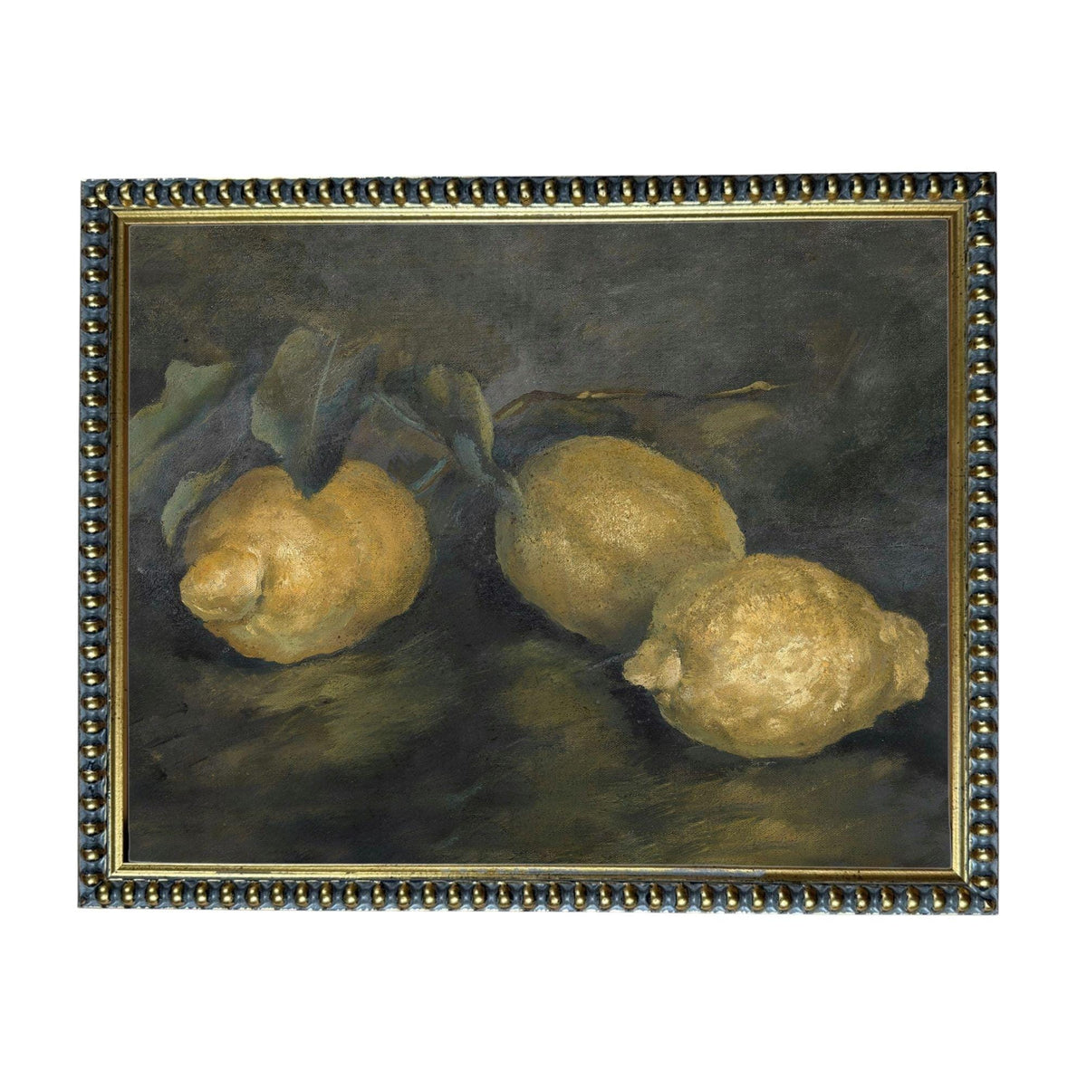 The image is a painting of three lemons, with a dark background and a dark frame.