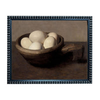 A still life painting of a bowl containing six white eggs.