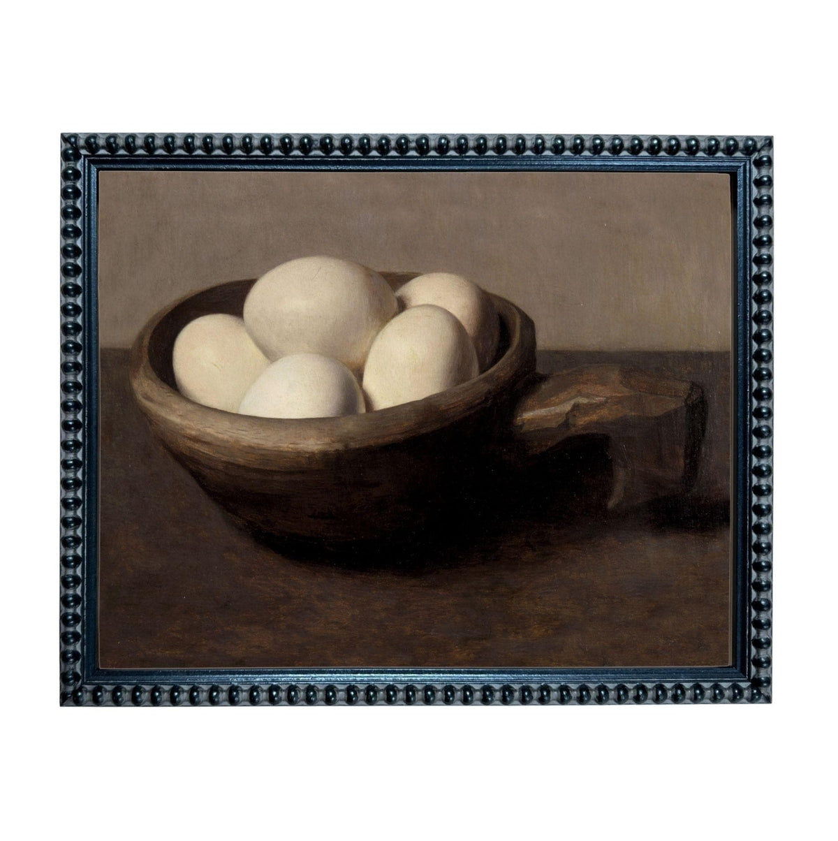 A still life painting of a bowl containing six white eggs.