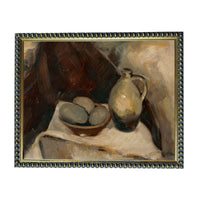 The image is a painting of a bowl of fruit and a vase on a table, with a dark background.