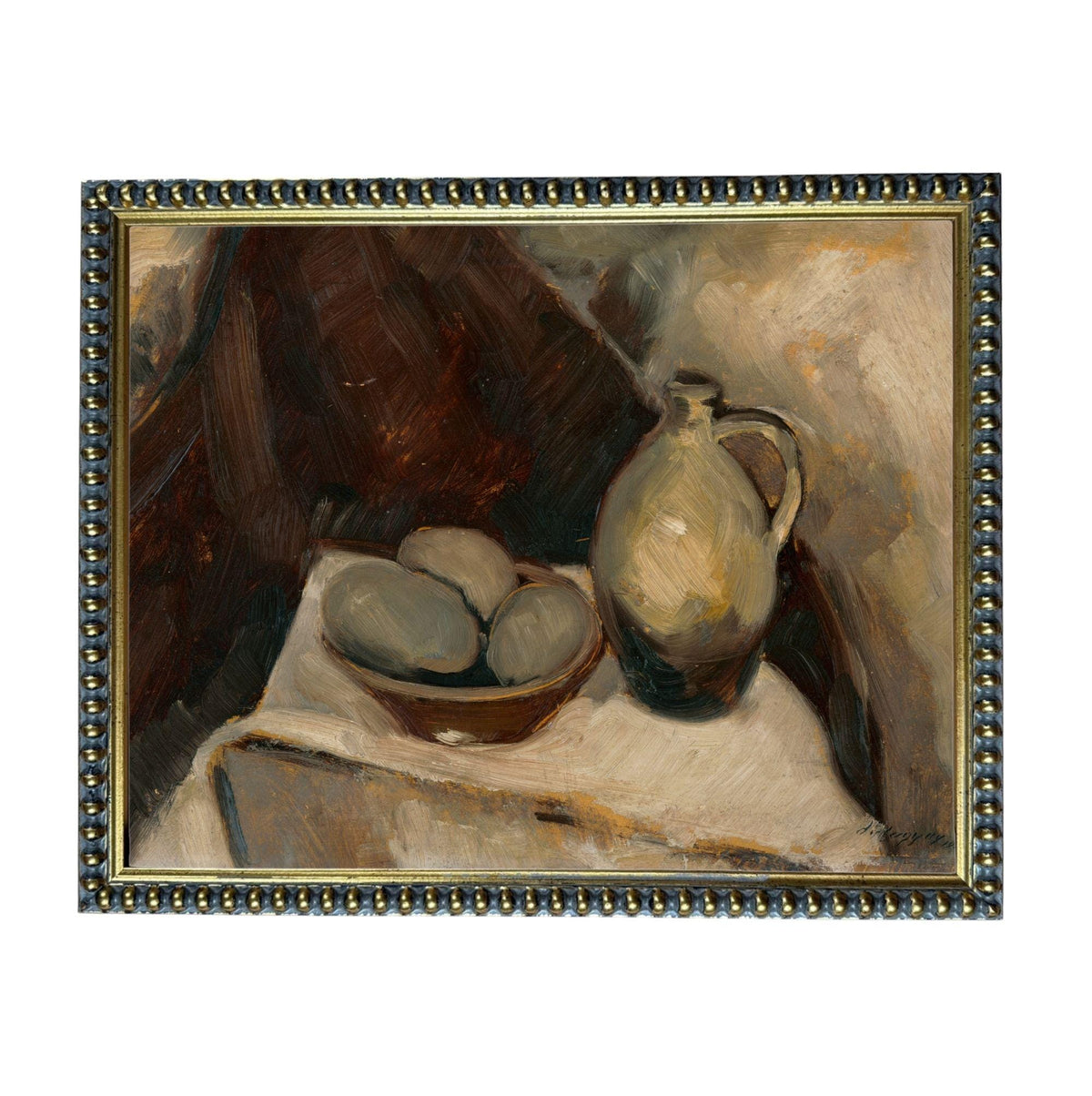 The image is a painting of a bowl of fruit and a vase on a table, with a dark background.