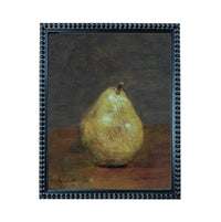A painting of a pear on a wooden surface, with a dark background.