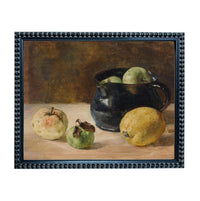 The image is a still life painting featuring a black pitcher, three apples, and a lemon on a wooden surface.