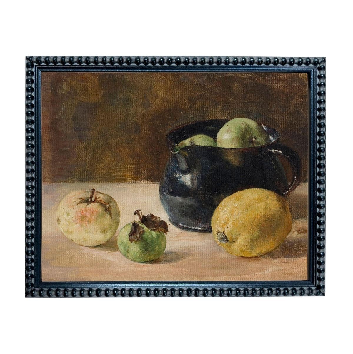 The image is a still life painting featuring a black pitcher, three apples, and a lemon on a wooden surface.