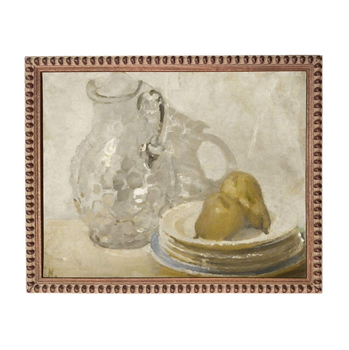 The image is a still life painting featuring a glass pitcher and a stack of plates with a pear resting on one of the plates.