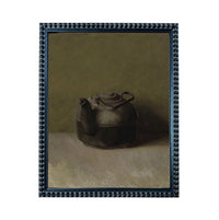 A black and white oil painting of a kettle on a table.
