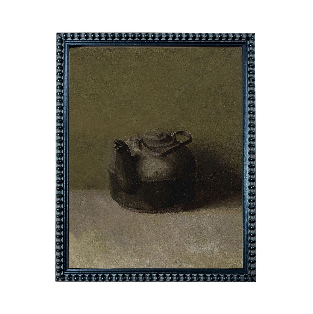 A black and white oil painting of a kettle on a table.