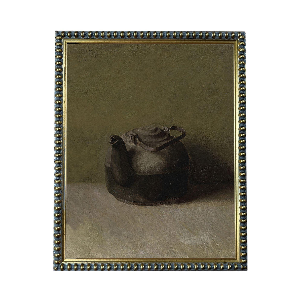 A black and white oil painting of a kettle resting on a surface.