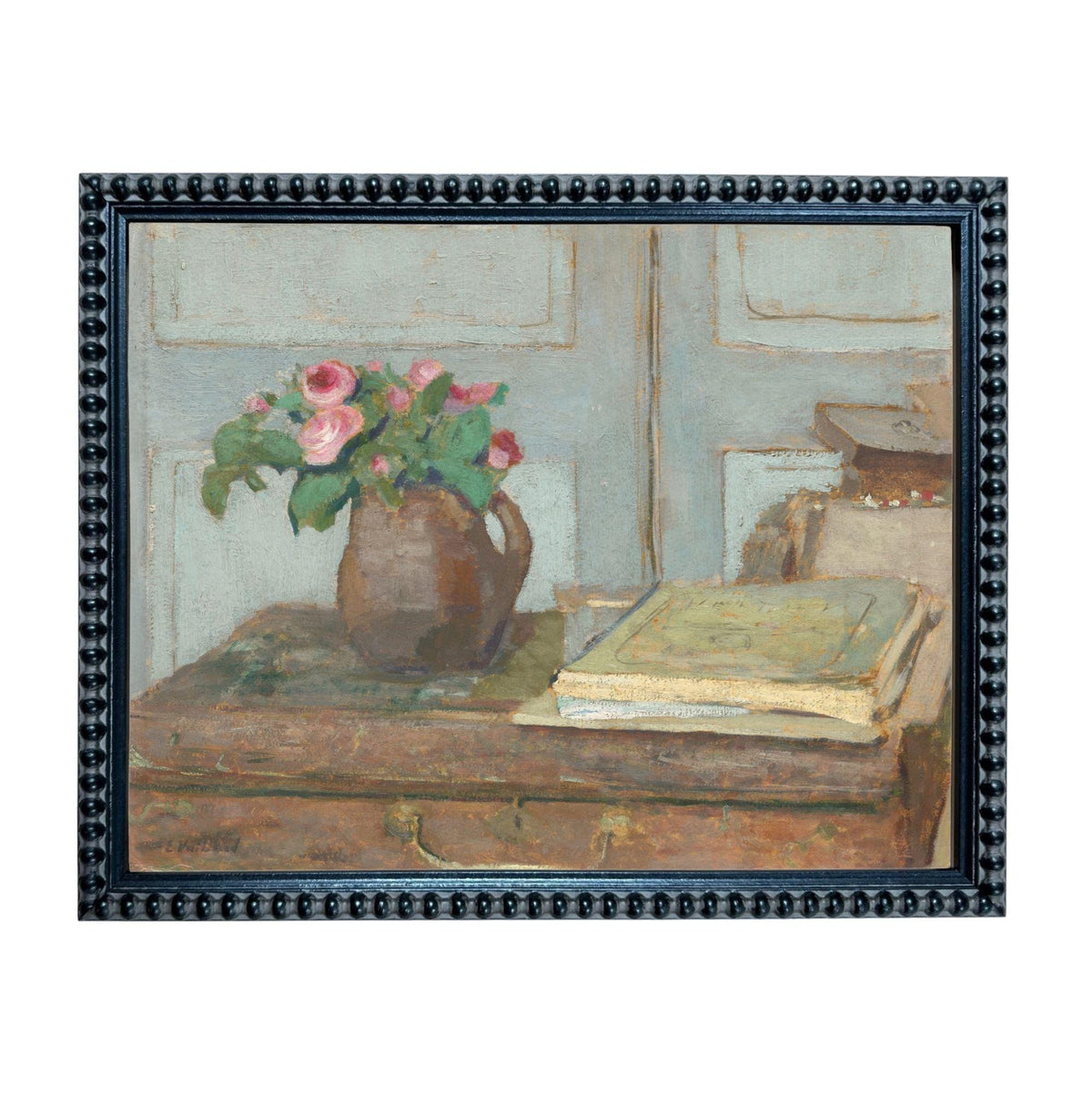 The image is an oil painting depicting a vase of pink roses on a wooden table, with a book and a suitcase in the background.