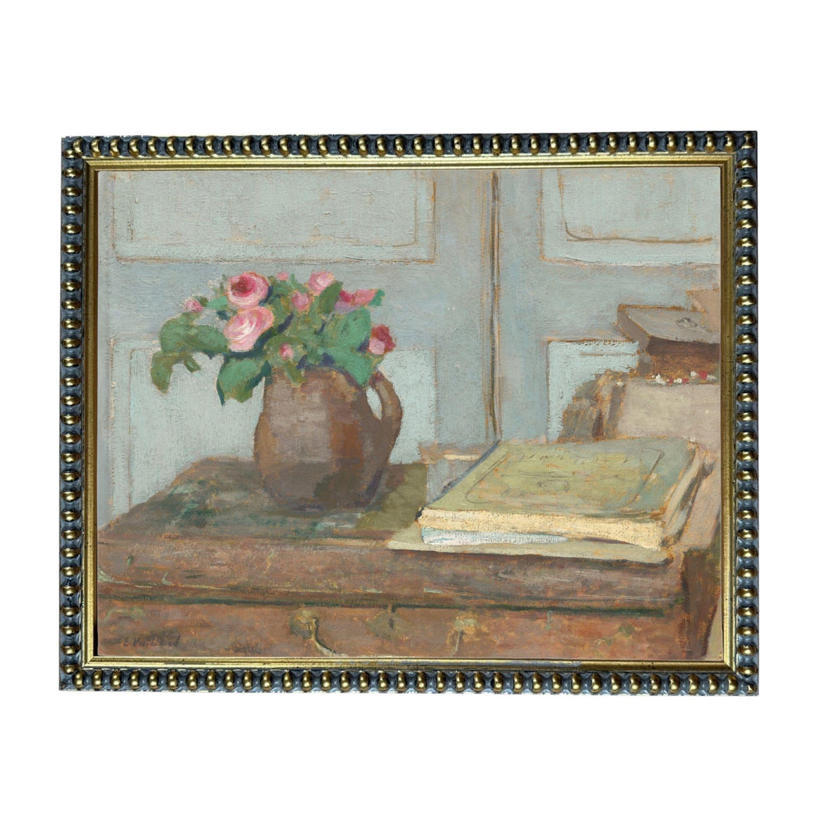 The image is an oil painting depicting a vase of flowers on a table, with a book and a suitcase in the background.