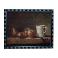 The image is a still life painting featuring a wooden table with various fruits and a white mug.