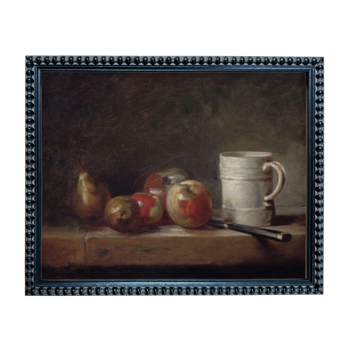 The image is a still life painting featuring a wooden table with various fruits and a white mug.