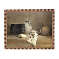 The image is a still life painting featuring a variety of kitchen utensils and items, including a pot, a teapot, a bowl, and a towel, arranged on a wooden surface.