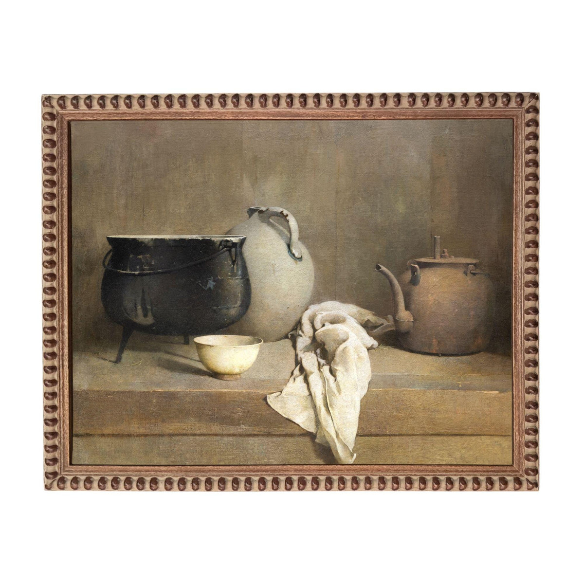 The image is a still life painting featuring a variety of kitchen utensils and items, including a pot, a teapot, a bowl, and a towel, arranged on a wooden surface.