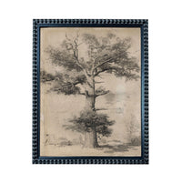 A black and white sketch of a large tree with a thick trunk and numerous branches, set against a background of a field and a small building.