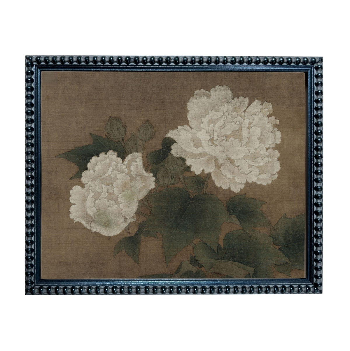 A framed painting depicting two large white peonies with green leaves.