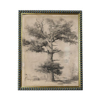 The image is a black and white sketch of a large tree with a thick trunk and numerous branches, set against a background of a field and a small building.