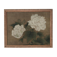 The image is a framed painting depicting two large white peonies with green leaves.