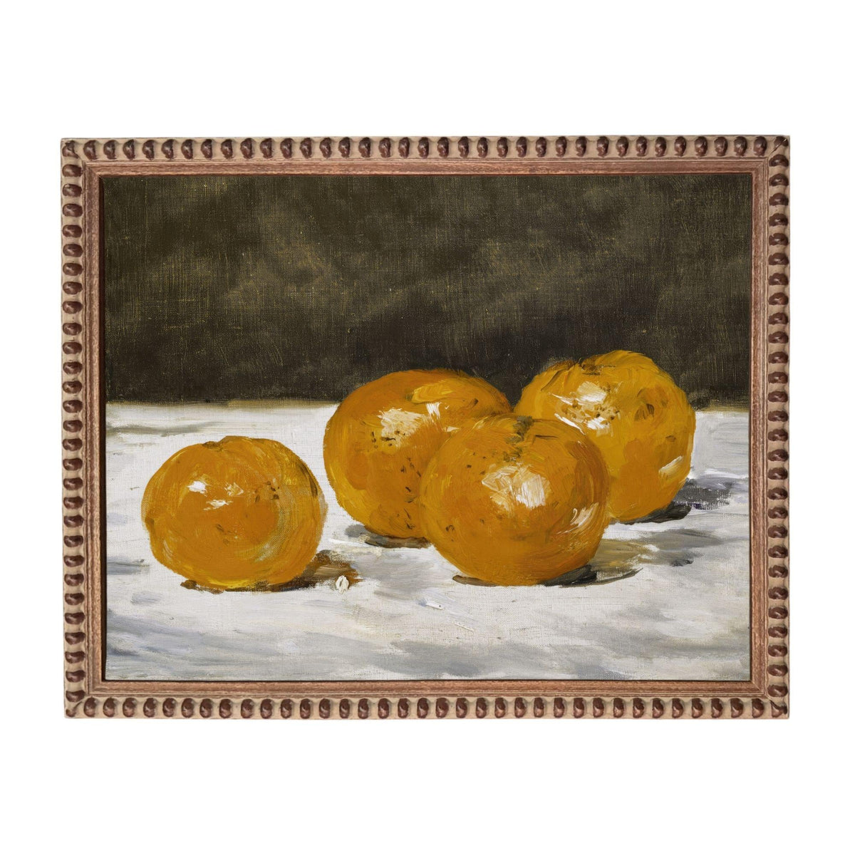 The image is a painting of four oranges arranged on a white surface.