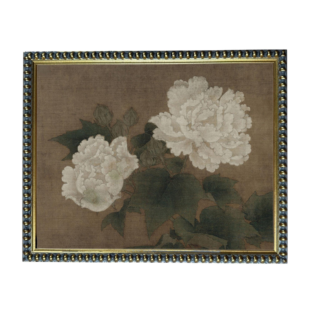 A framed painting depicting two large white peonies with green leaves.