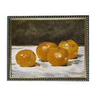 The image is a painting of four oranges arranged on a white surface.