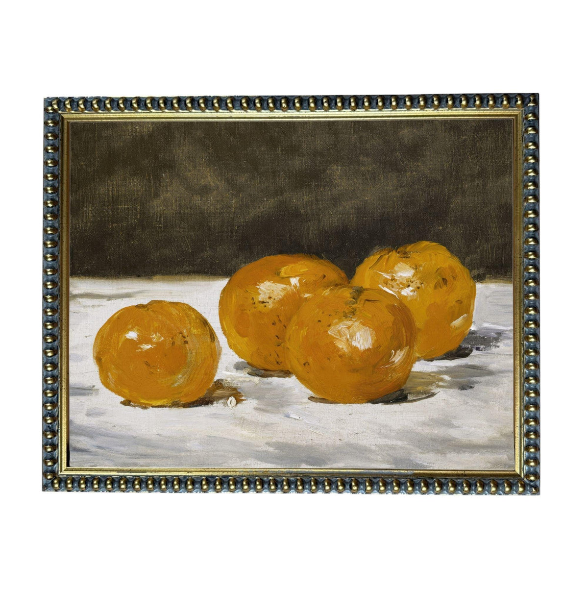 The image is a painting of four oranges arranged on a white surface.