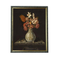 A painting of a vase filled with a variety of colorful flowers, including red, white, and orange blooms, placed on a wooden surface.