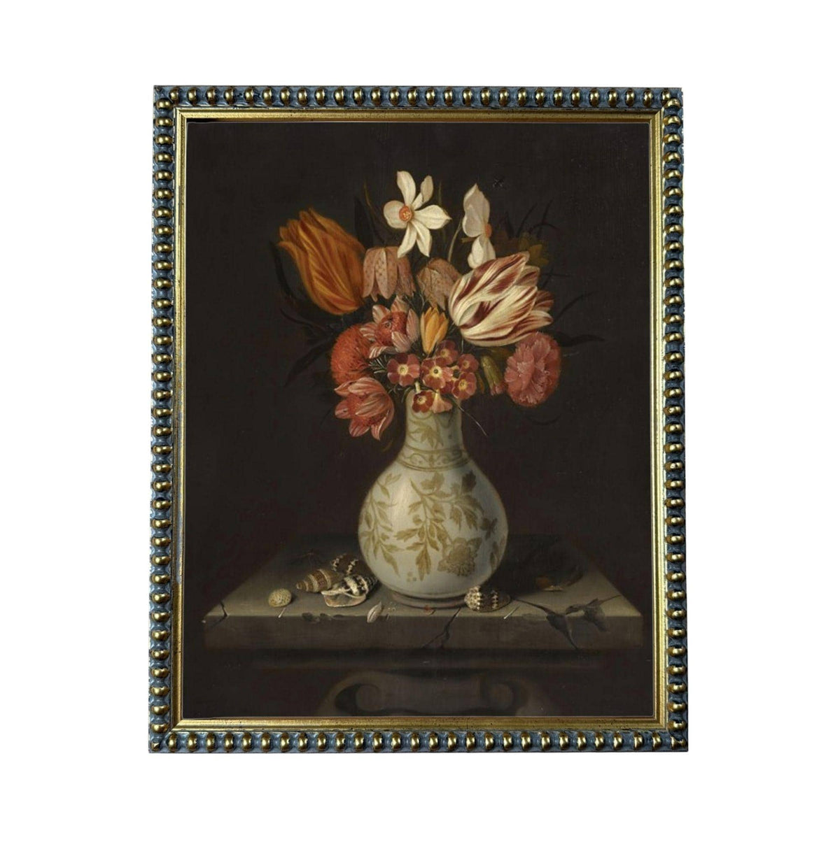 A painting of a vase filled with a variety of colorful flowers, including red, white, and orange blooms, placed on a wooden surface.