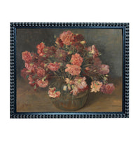 The image is a painting of a vase filled with pink and red flowers, set against a dark background.