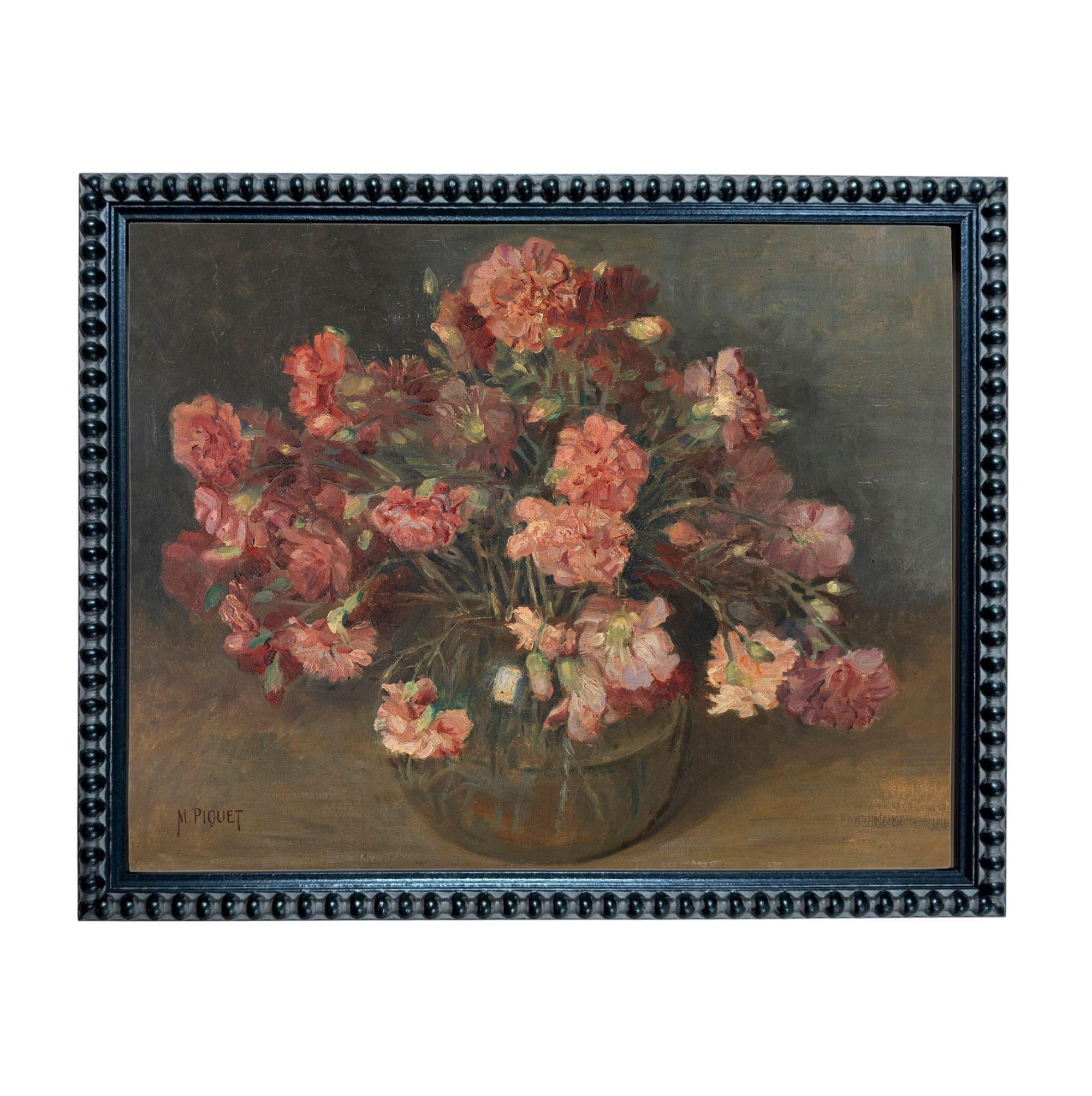 The image is a painting of a vase filled with pink and red flowers, set against a dark background.