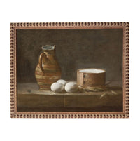 The image is a still life painting featuring a brown vase, three white eggs, and a wooden container on a table.