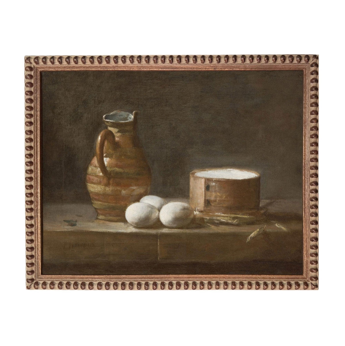 The image is a still life painting featuring a brown vase, three white eggs, and a wooden container on a table.