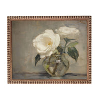 A painting of two white roses in a glass vase, set against a neutral background.